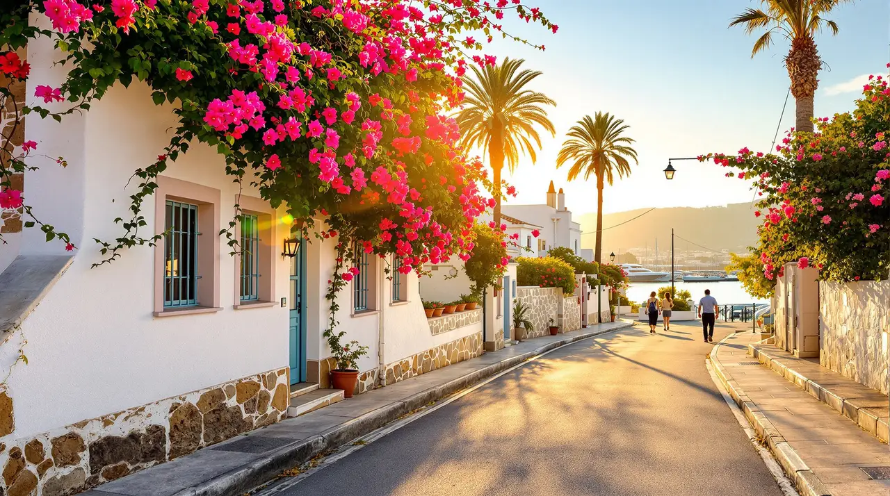 Küstenstraße mit pastellfarbenen Cottages und blühendem Oleander im Abendlicht