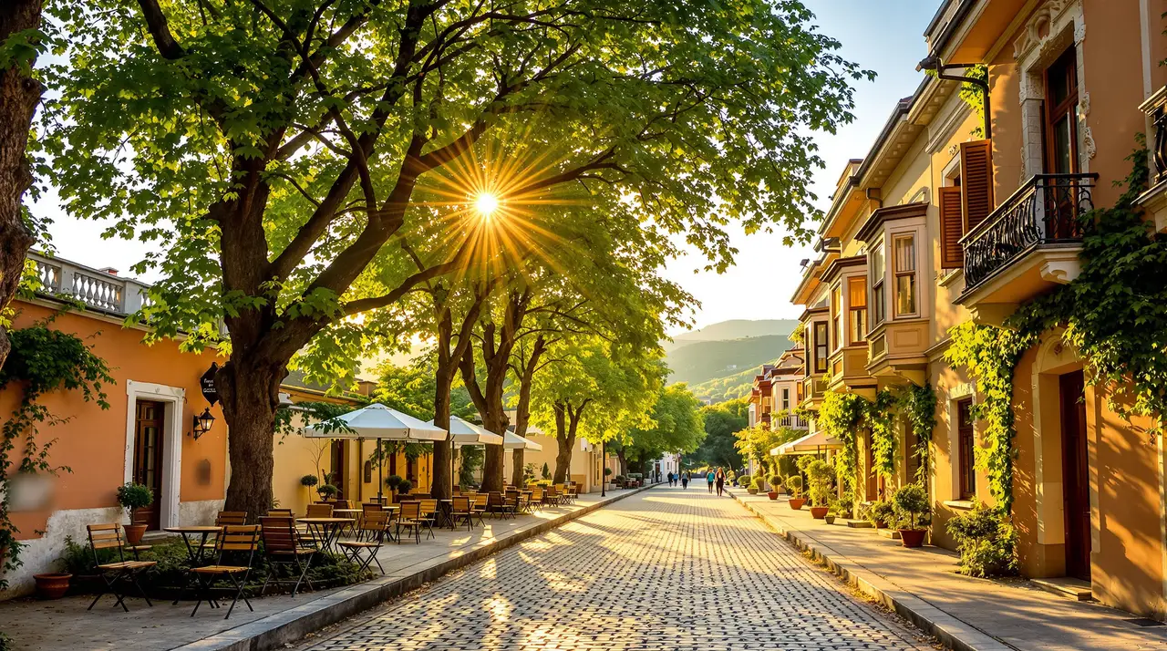 Kopfsteingepflasterte Altstadtstraße mit Erkern, Balkonen und Cafétischen im Abendlicht