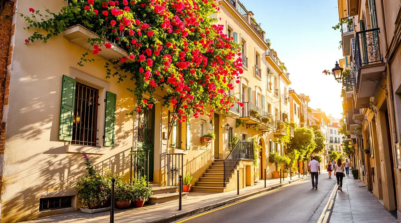 Schmale mediterrane Gasse mit Bougainvillea und schmiedeeisernen Balkonen