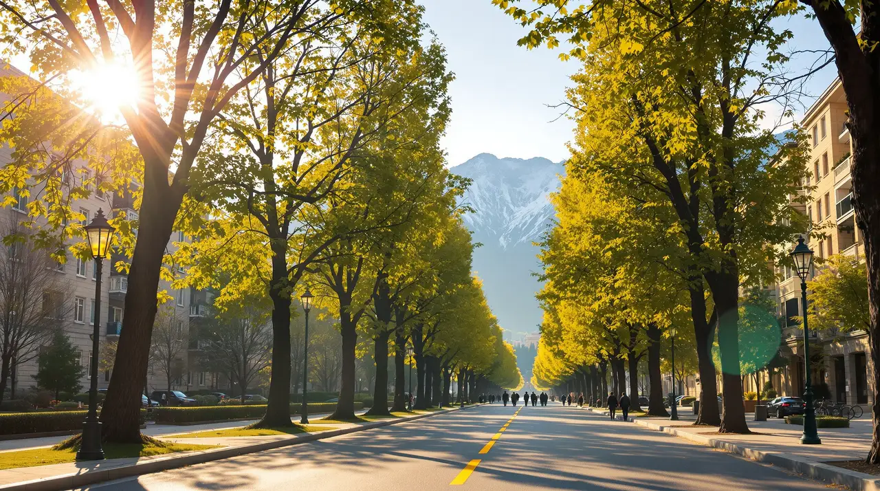 Breite Pappelallee mit schneebedeckten Bergen am Horizont im Abendlicht