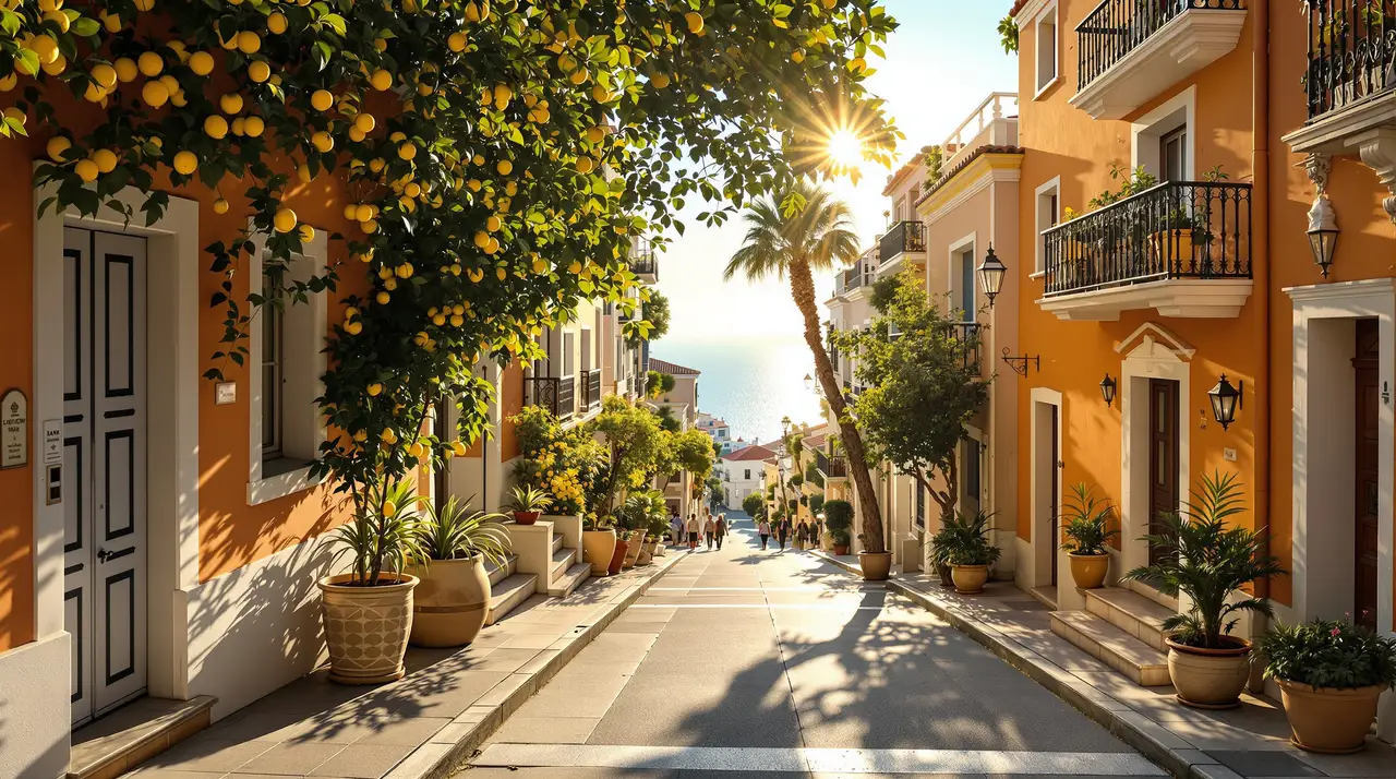 Mediterrane Gasse mit Zitronenbäumen und Blick aufs Meer im Abendlicht