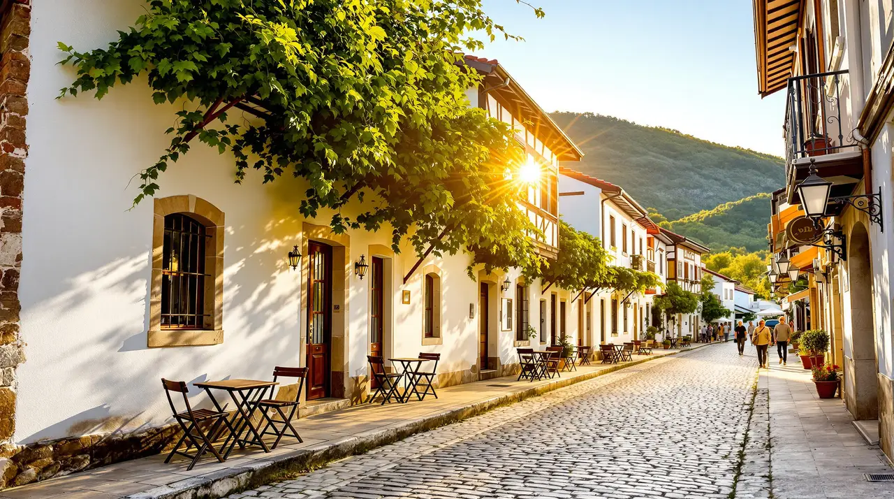 Gepflasterte Altstadtgasse mit Weinlaube und Cafétischen im Abendlicht