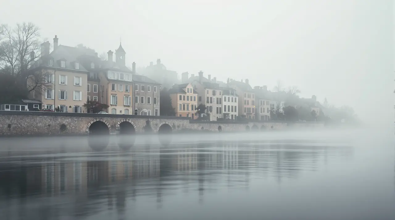 Altstadt-Uferzeile mit geschlossenen Fensterläden verschwindet im Morgennebel über einem ruhigen Fluss
