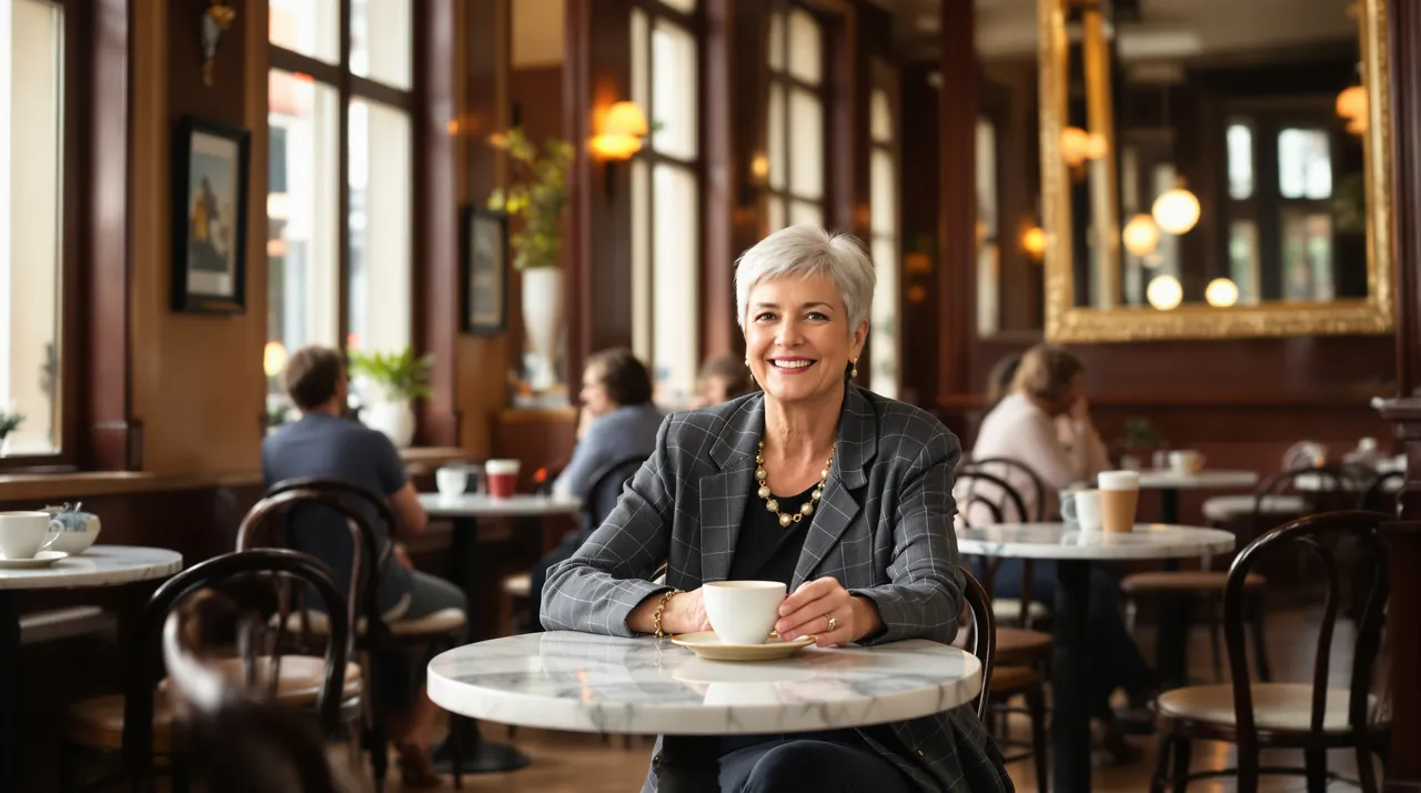 Frau sitzt mit einer Tasse Kaffee in einem hellen Wiener Kaffeehaus und lächelt in die Kamera