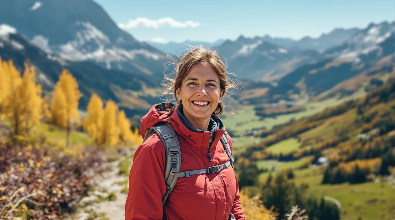 Eine Frau in roter Wanderjacke steht im Herbst auf einem Bergpfad über einem grünen Tal mit gelben Lärchen und lächelt in die Kamera