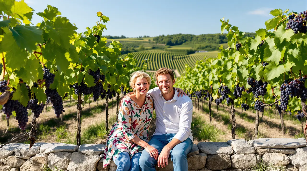 Mutter und erwachsener Sohn sitzen im Spätsommer auf einer Mauer im Weinberg und lachen in die Kamera