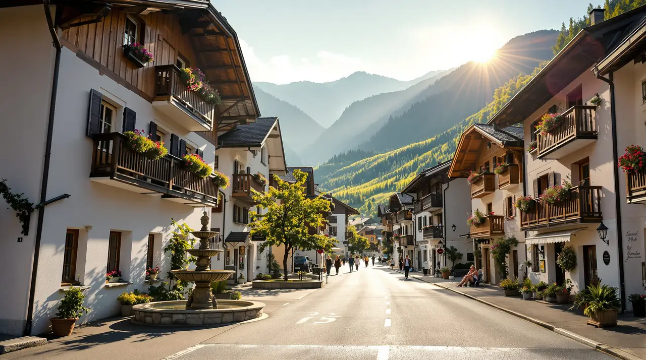 Alpine Dorfstraße im Abendlicht