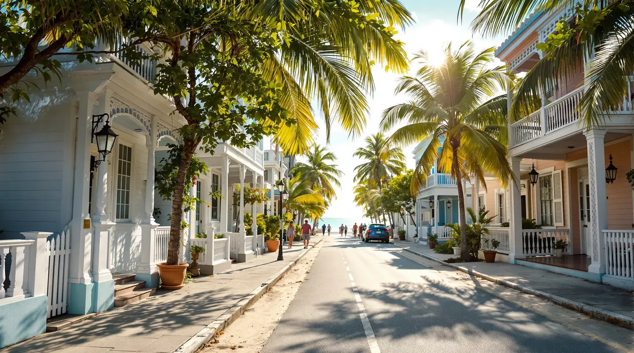 Strandnahe Straße mit Palmen im Abendlicht
