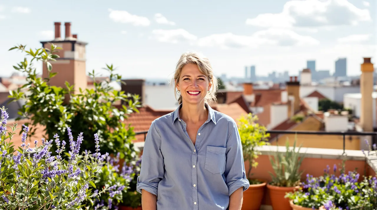 Selbständige Frau steht auf einer bepflanzten Dachterrasse über der Stadt und lächelt in die Kamera