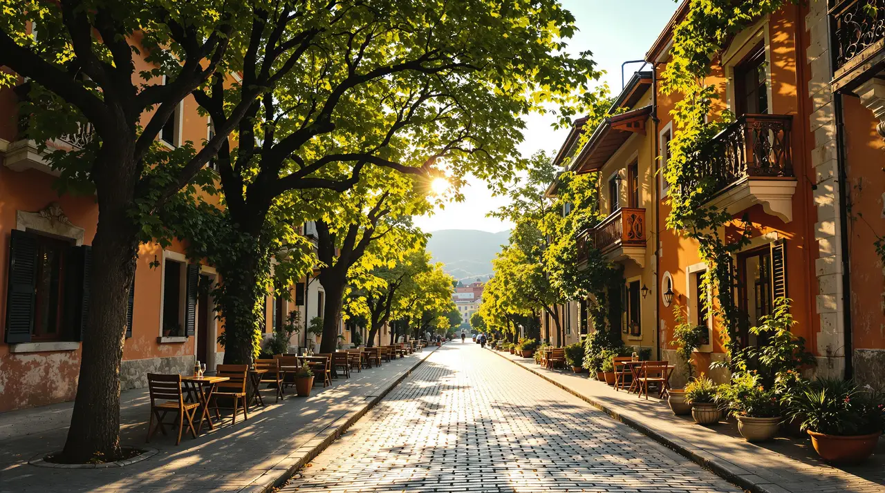 Cafétische unter Bäumen im Abendlicht