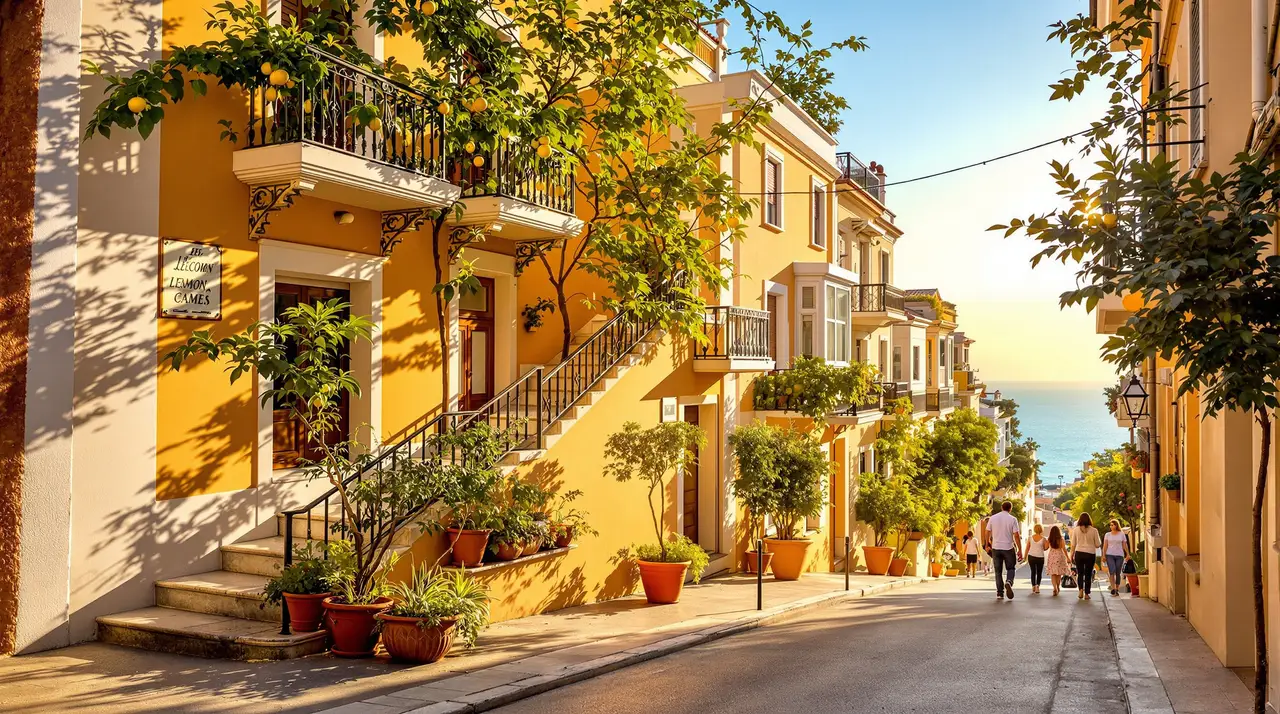 Mediterrane Gasse mit Treppen zum Meer im Abendlicht