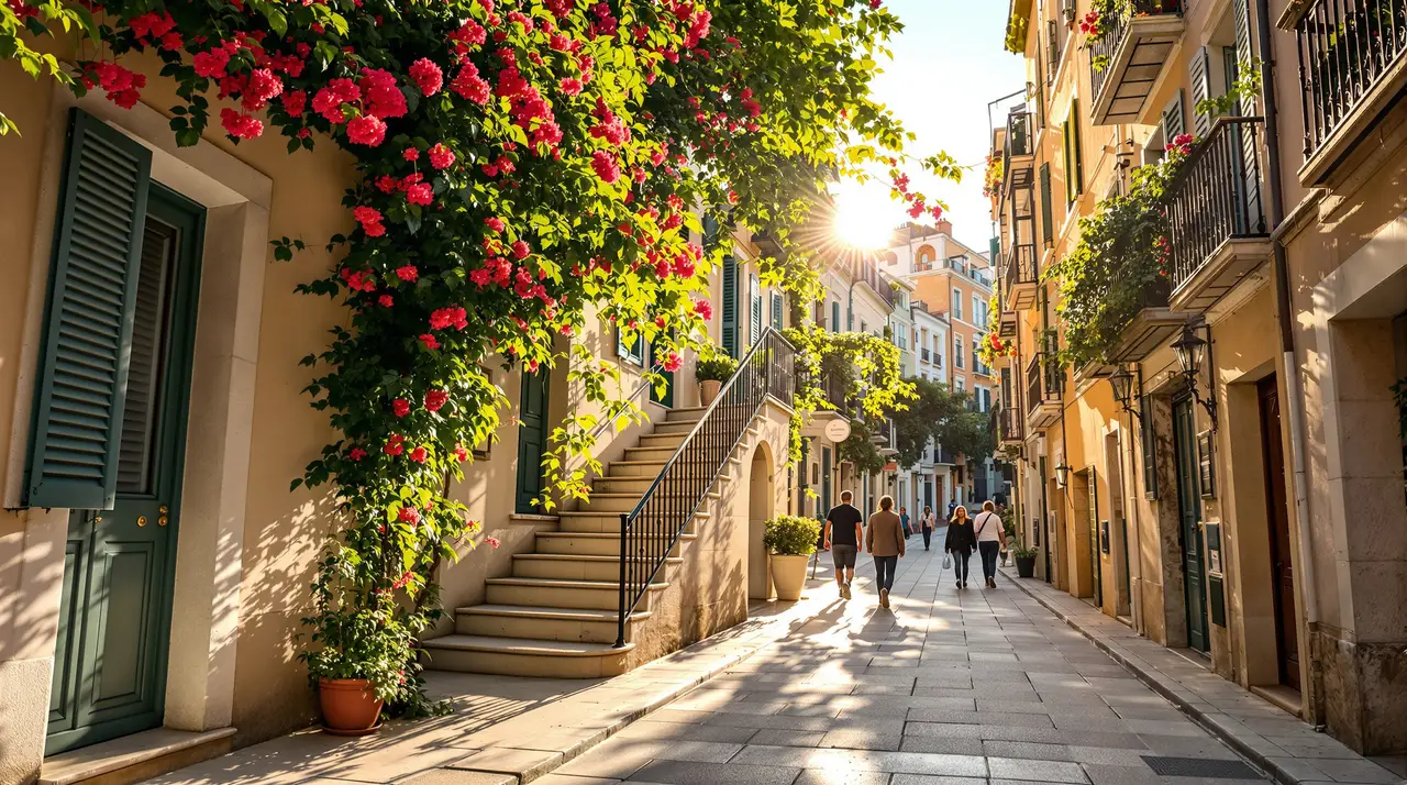 Mediterrane Gasse mit Bougainvillea im Abendlicht