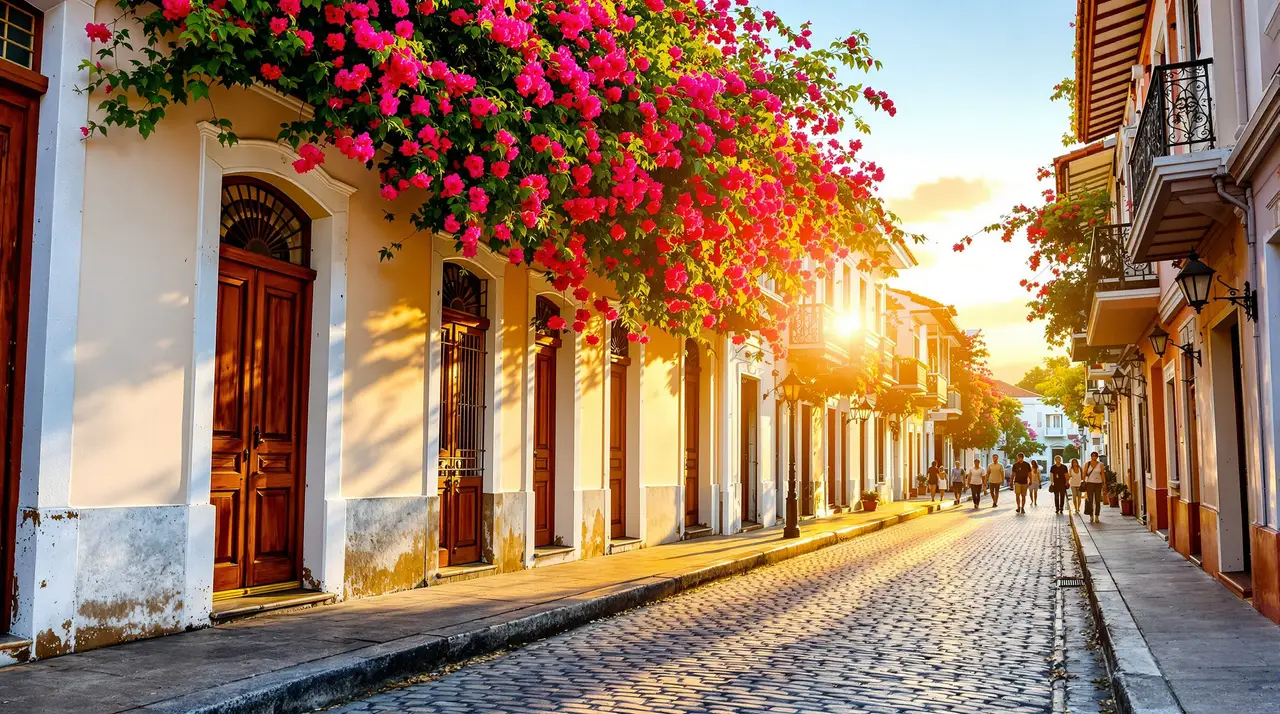 Koloniale Gasse mit Bougainvillea und Kopfsteinpflaster im Abendlicht