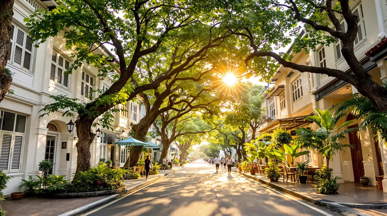 Baumgesäumte Straße mit historischen Shophouses im warmen Abendlicht