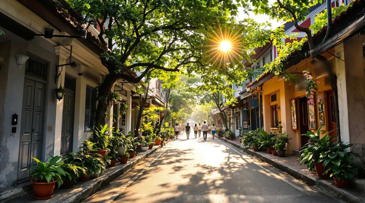 Ruhige Gasse mit alten Shophouses und üppigen Pflanzen im Abendlicht