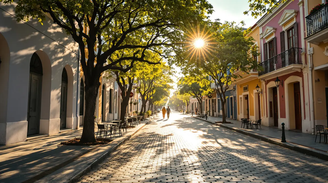 Altstadtstraße mit Platanen und Cafétischen im warmen Abendlicht