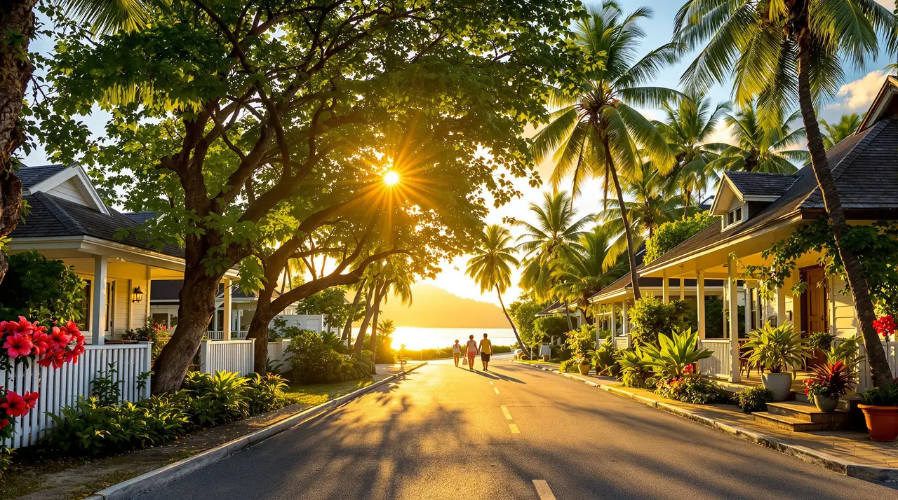 Dorfstraße unter Banyanbäumen mit Blick auf die Bucht im Abendlicht