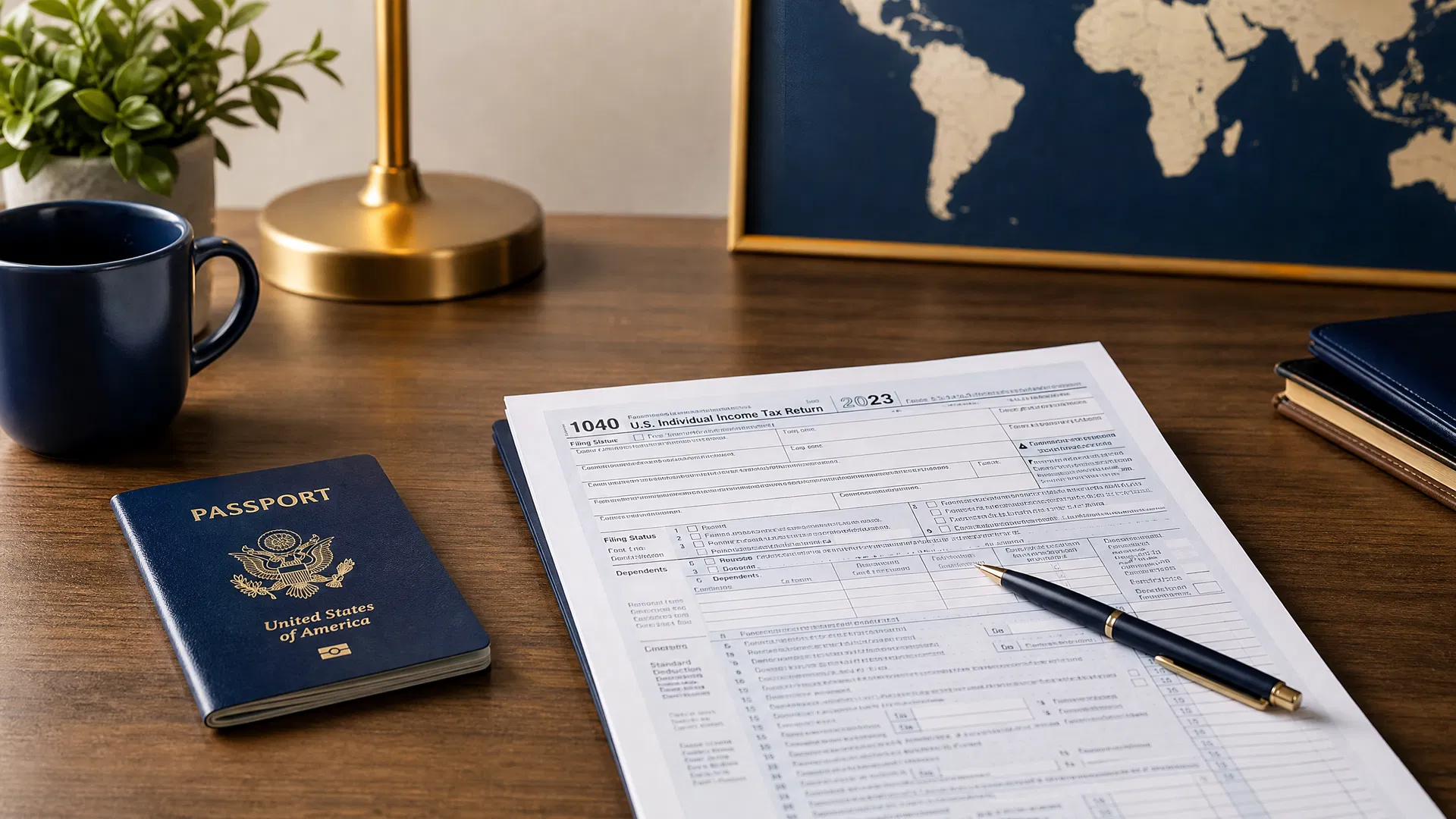 Tax return and passport on a desk symbolising declaring an offshore bank account